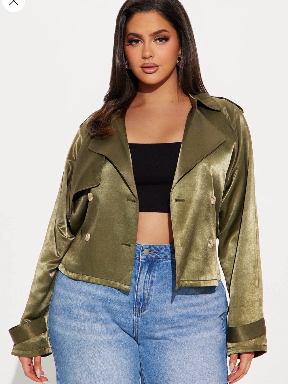 Olive Satin Cropped Trench Jacket - Women